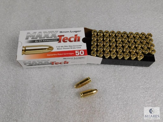 50 Rounds Maxxtech 9mm Ammo 115 Grain FMJ Brass Cased