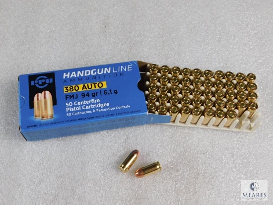 50 Rounds PPU .380 ACP Ammo 94 Grain FMJ Brass Cased - Very hard to find