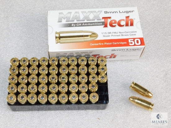 50 Rounds Maxxtech 9mm Ammo 115 Grain FMJ Brass Cased