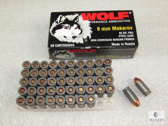 50 Rounds Wolf 9mm Makarov 92 Grain Steel Case Ammo