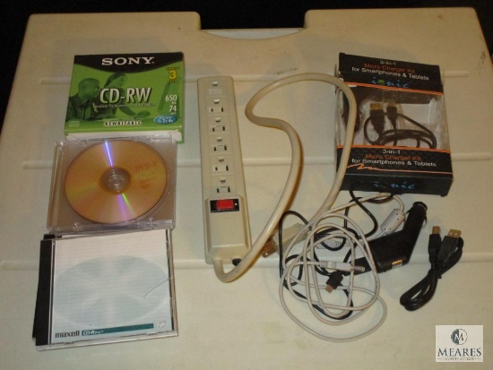 Lot of New Blank CD-RW's, Power Strip and assorted Cables & Chargers