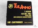 100 rounds Tulammo 7.62x39 ammo. 122 grain FMJ