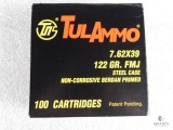 100 rounds Tulammo 7.62x39 ammo. 122 grain FMJ.