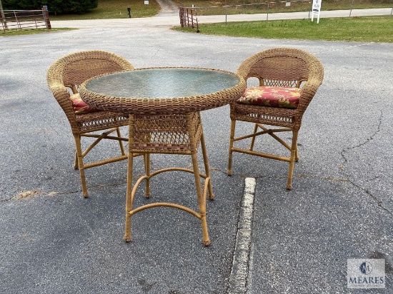 Indoor/Outdoor Wicker Bistro Table with Glass Top and Two Chairs