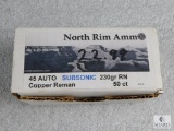 50 Rounds North Rim Ammo .45 Auto Subsonic 230 Grain RN Ammunition