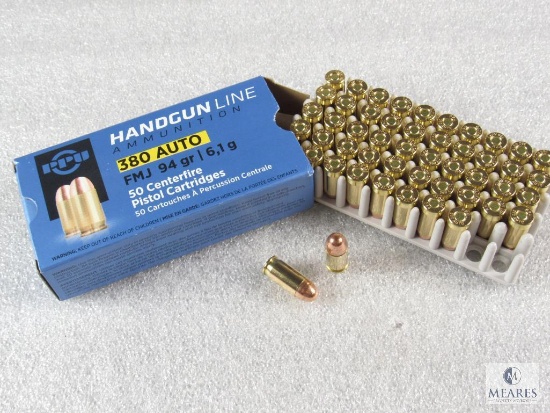 50 rounds Prvi Partizan .380 acp ammo. 94 grain FMJ. Brass cased