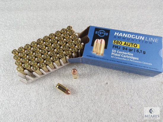 50 rounds Prvi Partizan .380 acp ammo. 94 grain FMJ. Brass cased