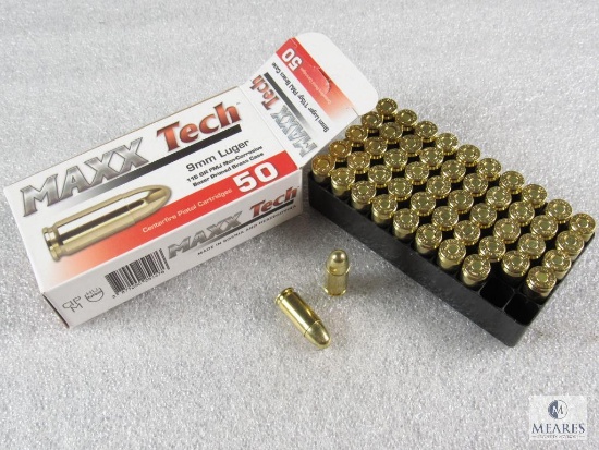 50 rounds 9mm Maxxtech ammo. 115 grain FMJ. Brass case reloadable