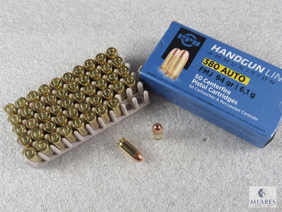 50 rounds Prvi Partizan .380 acp ammo. 94 grain FMJ. Brass cased