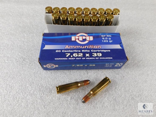 20 Rounds PPU 7.62x39 Soft Point RN 123 Grain Ammo