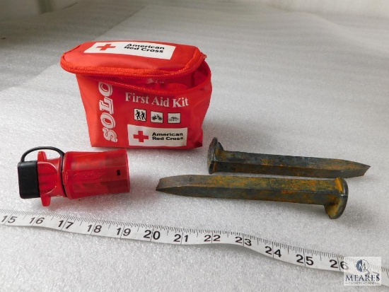 Lot Hopkins Trailer Light Plug Connector, First Aid Kit & 2 Railroad Spikes