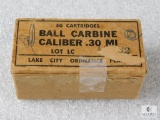 50 Rounds Lake City Ordnance .30 Cal Carbine Ball MI Ammo