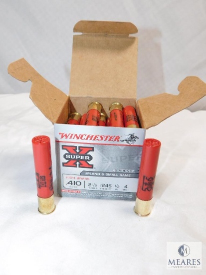 25 rounds Winchester .410 gauge shotgun shells. 2 1/2" #4 shot high brass 1245FPS.
