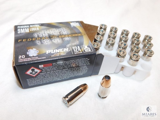 20 rounds Federal Premium Self Defense 9mm ammo. 124 grain jacketed hollow point.