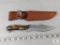 Fixed Blade Knife with Gut Hook & Sheath Faux Stag handle with Compass