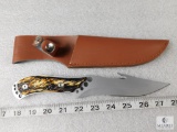 Fixed Blade Knife with Gut Hook & Sheath Faux Stag handle with Compass