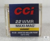 50 rounds CCI Maxi Mag 22 magnum ammo. 40 grain jacketed hollow point.