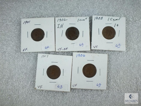 Five Different Indian Head Cent: 1901, 1902, 1906, 1907, 1908