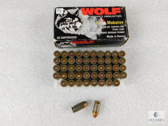 50 Rounds Wolf 9mm Makarov 109 Grain Copper FMJ Steel Case Ammo