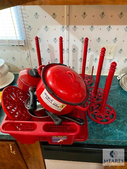 Red Cookware, Drying Rack, and Paper Towel Holders