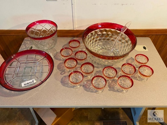 Whitehall Red Flash Kings Crown Punch Bowl Set with Cups and Ladle in Original Box
