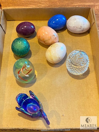 Art Glass and Marble Eggs with Carnival Glass Swan