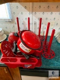 Red Cookware, Drying Rack, and Paper Towel Holders