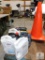 Lot Assorted Engine Oils, Anti-freeze, Batteries and 2 Road Cones