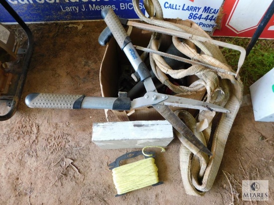 Lot Misc Tools - Grease Gun, Hacksaw, Hedge Trimmers, Sling, and more