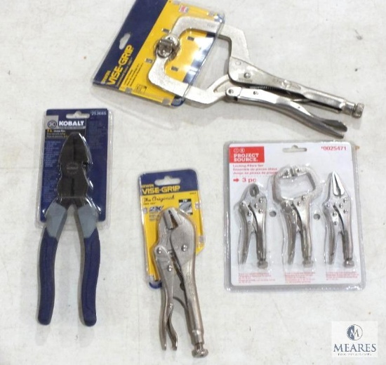 Lot New Irwin Vise-Grip Original, Locking C-Clamp, Kobalt 9" Pliers & Project Source 3 pc Plier Set