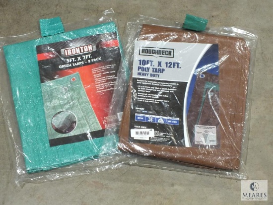 Lot New Poly Tarps (1) Ironton 2 Pack 5' x 7' (1) Roughneck Heavy Duty 10' x 12'