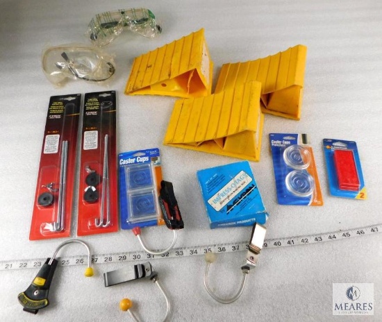 Lot - Wheel Chocks, Battery Tie-Downs, Goggles, Hooks, Caster Cups, ID Tags and More