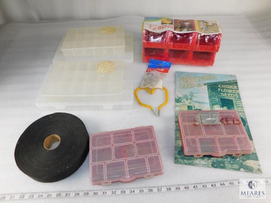 Lot of Plastic Containers, Bins, S-Hooks, and Nylon Tape