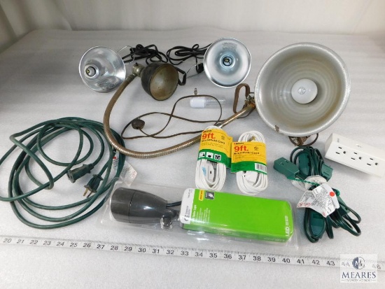 Lot of Assorted Clamp-On Fixtures, Drop Cords, Spike Light, and more
