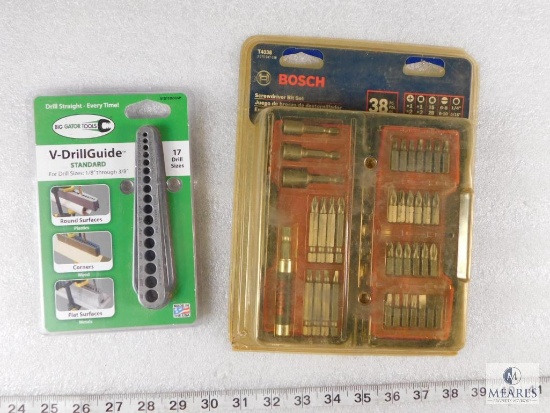 Lot New 38 pc Bosch Screwdriver Bit Set and Big Gator V-Drill Guide