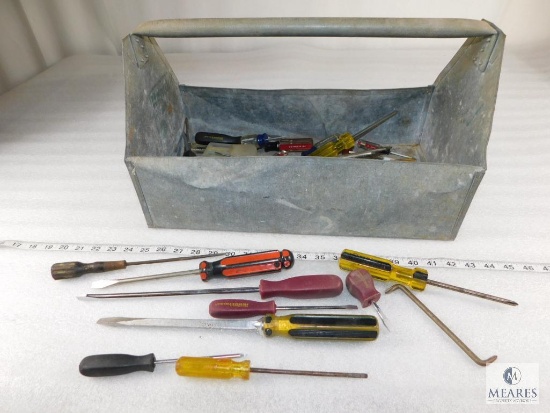 Galvanized Tool Box Tray with Large Lot of Assorted Screwdrivers