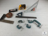 Lot Assorted Levels and Squares, Craftsman Tape Measures and Small C-Clamps
