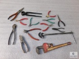 Lot of Assorted Pliers, Pipe Wrench, Tube Wrench, and Snips