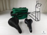 Lot Bicycle Seats, Wheel Chock, Mini Master Blaster Bike Pump and Storage Bag