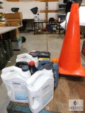 Lot Assorted Engine Oils, Anti-freeze, Batteries and 2 Road Cones