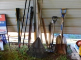 Lot Assorted Yard Tools - Shovels, Gravel Rakes, Axe, Survey Rulers and more