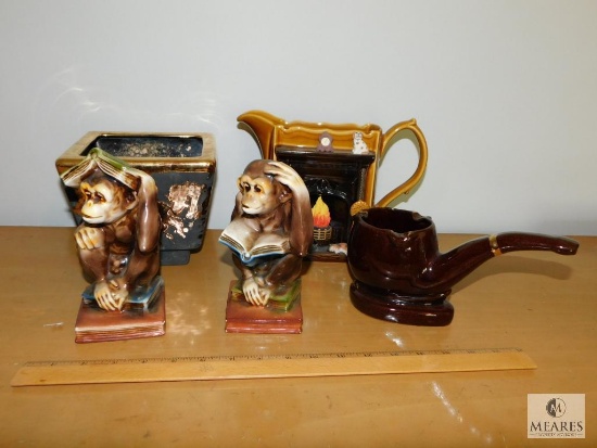 Lot Vintage Ceramic Flower Pots and Monkey Bookends