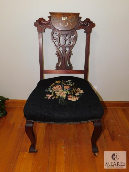 Vintage Wood Carved Top Chair with Needlepoint Cushion