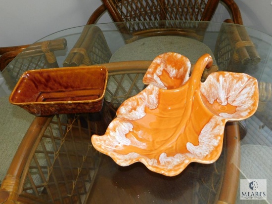 Large Pottery Leaf Tray and Rectangular Vase