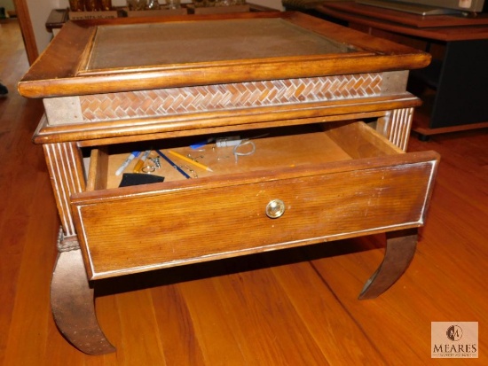 Wood and Metal Base Side Table with Glass Top