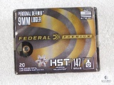 20 rounds Federal HST 9mm self defense ammo. 147 grain jacketed hollow point