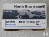 20 Rounds North Rim Ammo .308 WIN Subsonic 168 Grain Hornady JHP Ammo