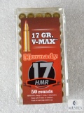 50 Rounds Hornady 17 HMR Ammo. 17 Grain V-Max Bullet.