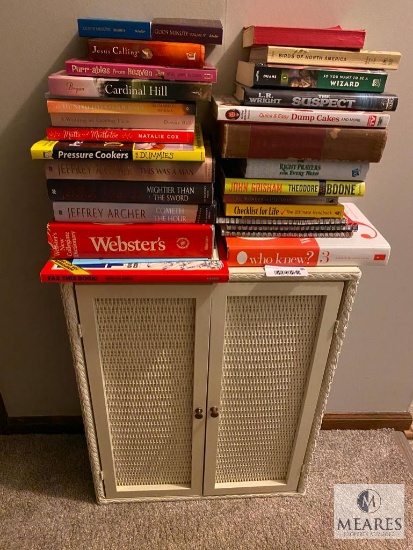 Wicker Wall Cabinet and Assorted Books