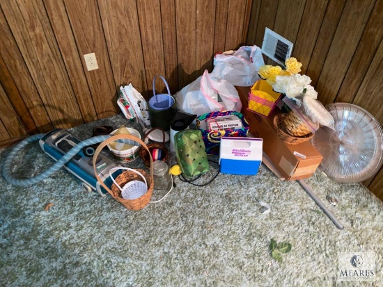 Large Lot of Mixed Items: Cooler, Vacuum, Baskets, Decorative Items
